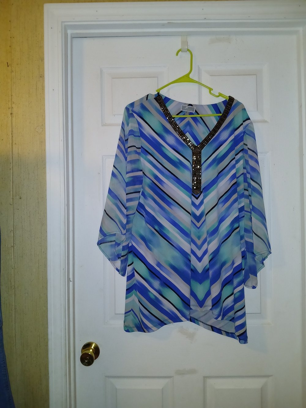 JM Collection Blue Aqua Striped V-Neck Tunic with Beaded Trim